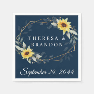 Sunflower and Navy Blue Geometric Rustic Wedding Napkin