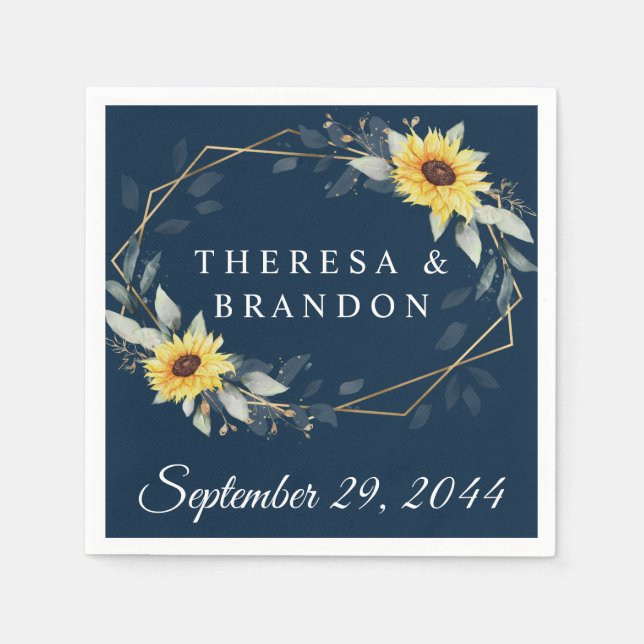 Sunflower and Navy Blue Geometric Rustic Wedding Napkin (Front)