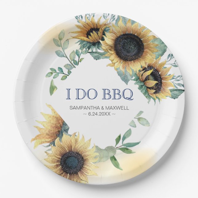Sunflower and Navy Blue I Do BBQ Paper Plate (Front)