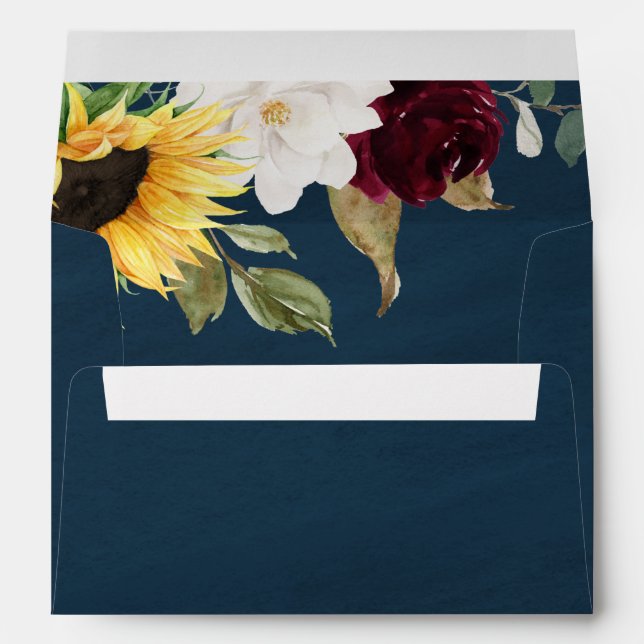 Sunflower and Navy Blue Magnolia Burgundy Wedding Envelope (Back (Bottom))