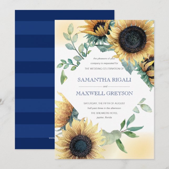 Sunflower and Navy Blue Rustic Wedding Invite (Front/Back)