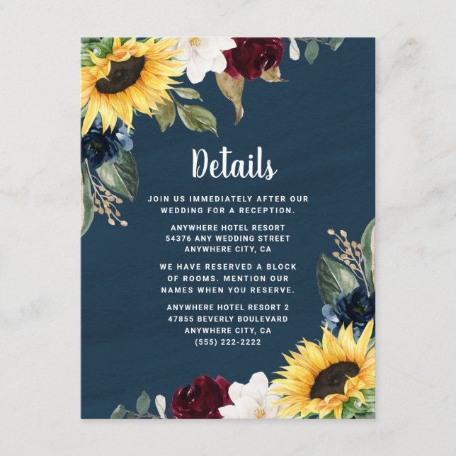 Sunflower and Navy Blue Watercolor Rustic Wedding Enclosure Card (Front)