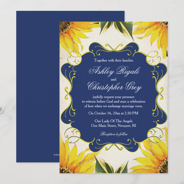 Sunflower and Navy Blue Wedding Invitation (Front/Back)