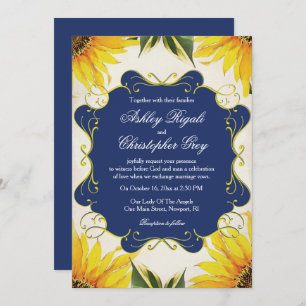 Sunflower and Navy Blue Wedding Invitation