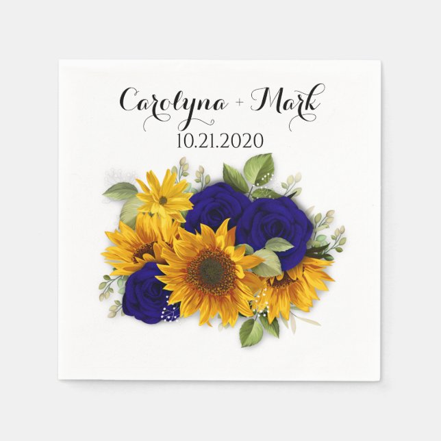 Sunflower and Navy Roses Botanical Wedding Napkins (Front)