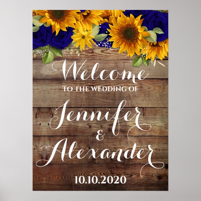 Sunflower and Navy Roses Wedding Welcome Sign (Front)