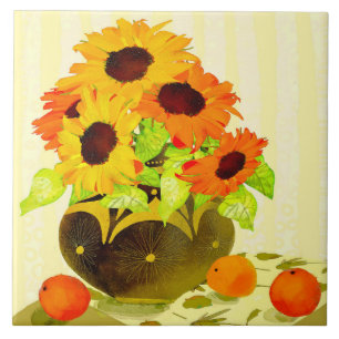 Sunflower and Oranges Ceramic Kitchen Tile