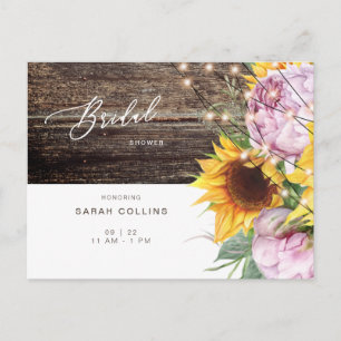 Sunflower and Pink Peony Rustic Bridal Shower Invitation Postcard