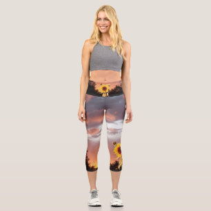 SUNFLOWER AND PINK SUMMER SUNSET  CAPRI LEGGINGS