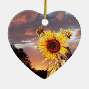 SUNFLOWER AND PINK SUMMER SUNSET Heart Ceramic Tree Decoration