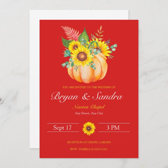 Sunflower and Pumpkin Fall Wedding Invitation (Front/Back)