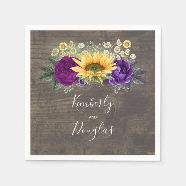 Sunflower and Purple Fall Rustic Wedding Napkin (Front)