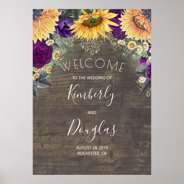 Sunflower and Purple Rose Fall Wedding Welcome Poster (Front)