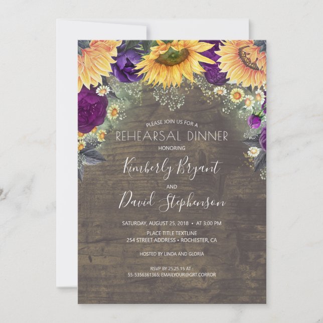 Sunflower and Purple Rose Rehearsal Dinner Invitation (Front)