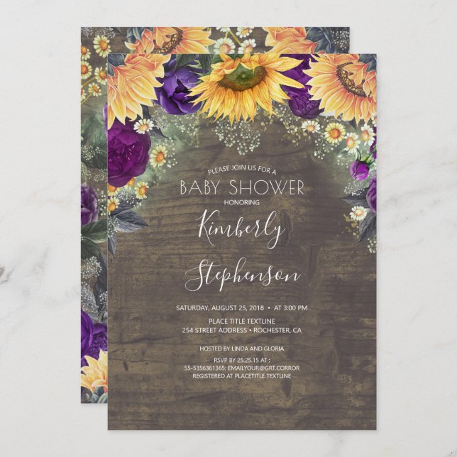 Sunflower and Purple Rose Rustic Baby Shower Invitation (Front/Back)