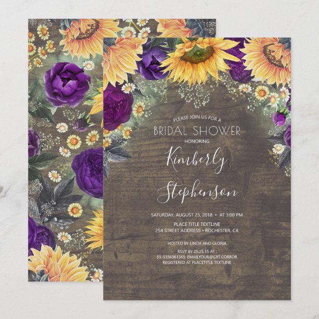 Sunflower and Purple Rose Rustic Bridal Shower Invitation (Front/Back)