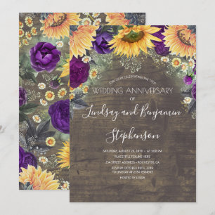 Sunflower and Purple Rose Wedding Anniversary Invitation