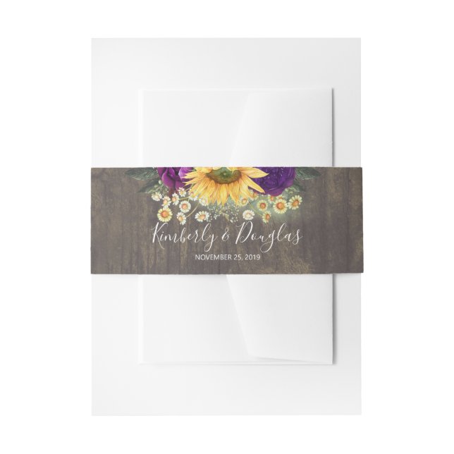 Sunflower and Purple Roses Rustic Fall Invitation Belly Band (Front Example)