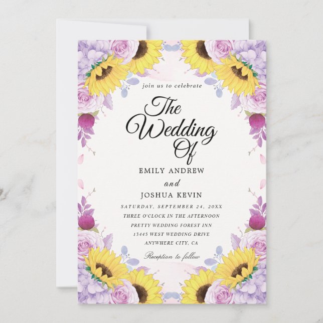 Sunflower and purple wedding invitations (Front)