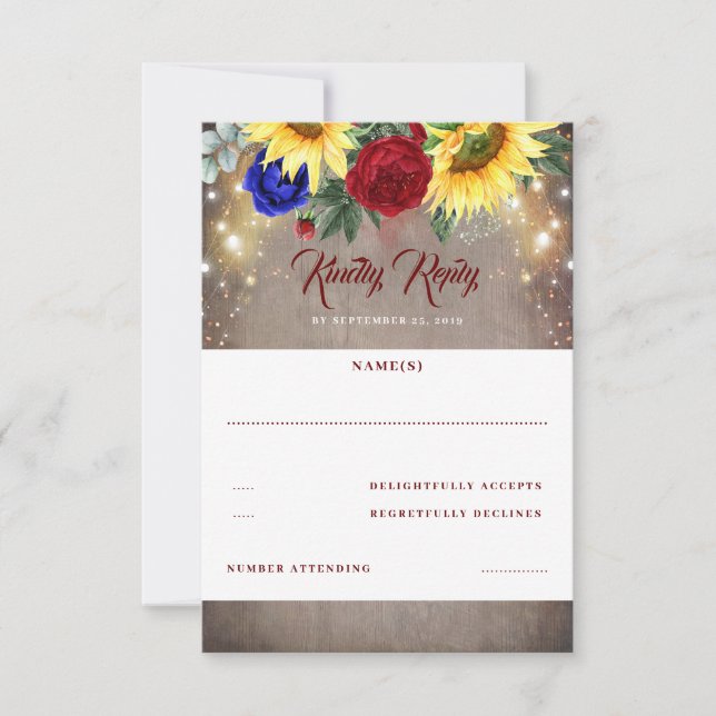 Sunflower and Red Blue Rose Fall Wedding RSVP Card (Front)