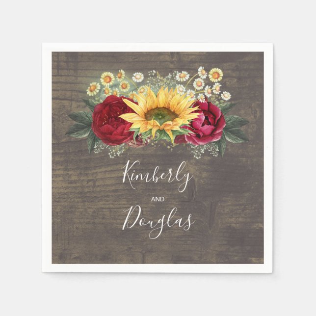 Sunflower and Red Rose Fall Rustic Wedding Napkin (Front)