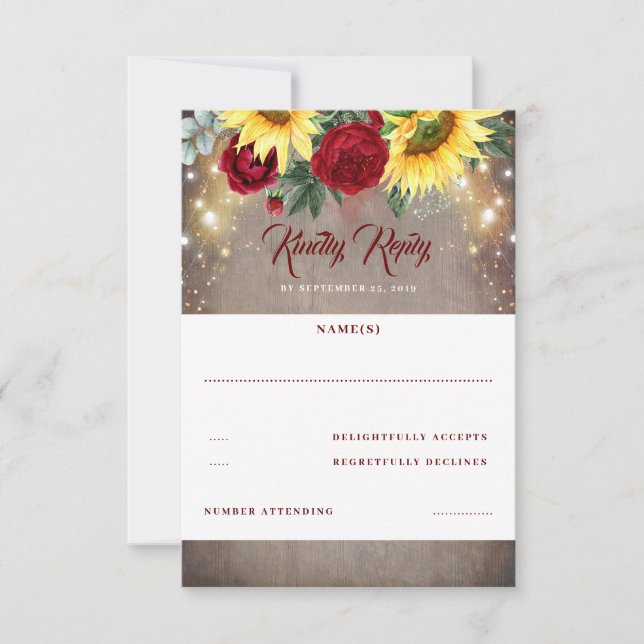 Sunflower and Red Rose Fall Wedding RSVP Card (Front)