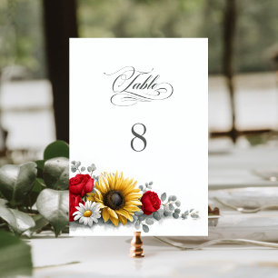 Sunflower and Red Rose Floral Wedding Table Number