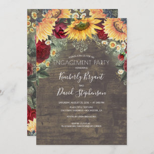 Sunflower and Red Rose Rustic Engagement Party Invitation