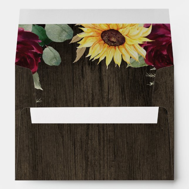 Sunflower and Red Roses Rustic Barn Wood Wedding Envelope (Back (Bottom))