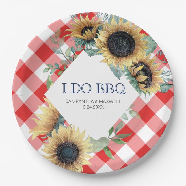 Sunflower and Red Tartan I Do BBQ Paper Plate (Front)