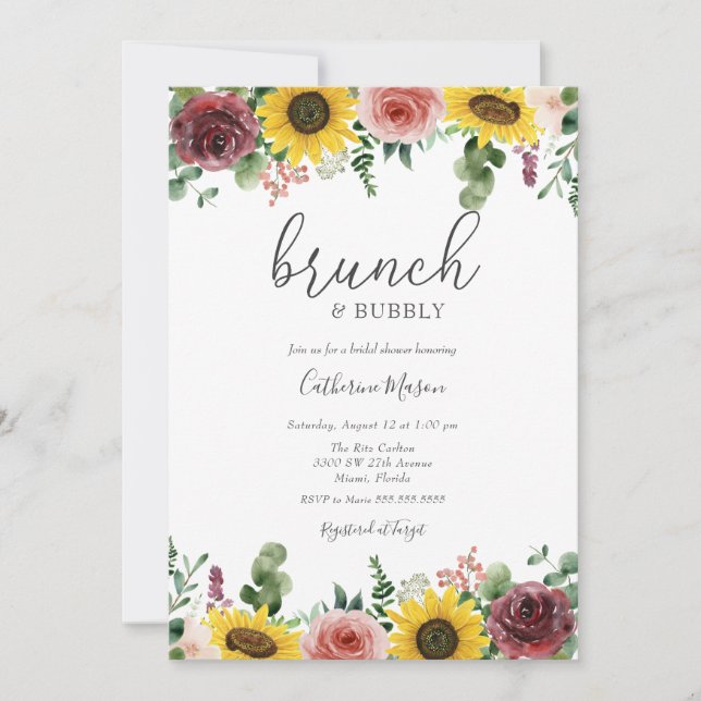 Sunflower and Rose Brunch and Bubbly Bridal Shower Invitation (Front)