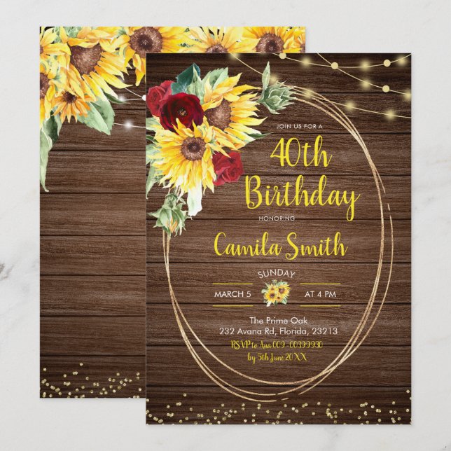 Sunflower and Rose Rustic 40th Birthday invitation (Front/Back)