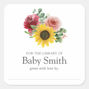 Sunflower and Roses Baby Shower Library Square Sticker