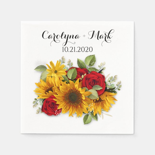 Sunflower and Roses Botanical Wedding Napkins (Front)