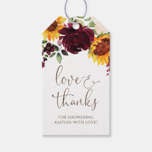 Sunflower and Roses Burgundy Bridal Shower Favour Gift Tags