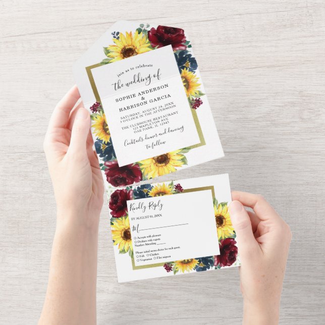 Sunflower and Roses Burgundy Navy Blue Wedding All In One Invitation (Tearaway)