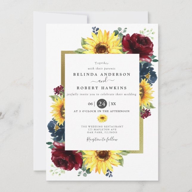 Sunflower and Roses Burgundy Navy Blue Wedding Invitation (Front)