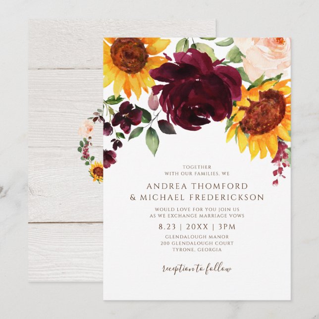 Sunflower and Roses Burgundy Red Fall Wedding Invitation (Front/Back)