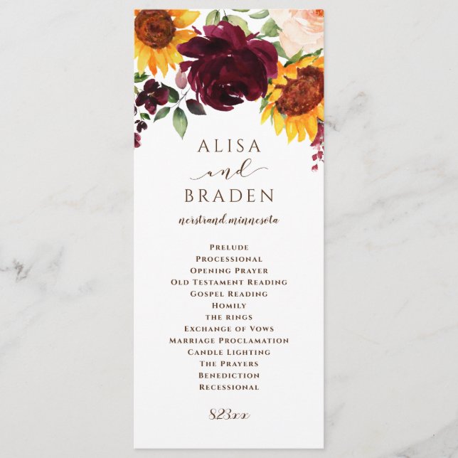 Sunflower and Roses Burgundy Red Fall Wedding Programme (Front)