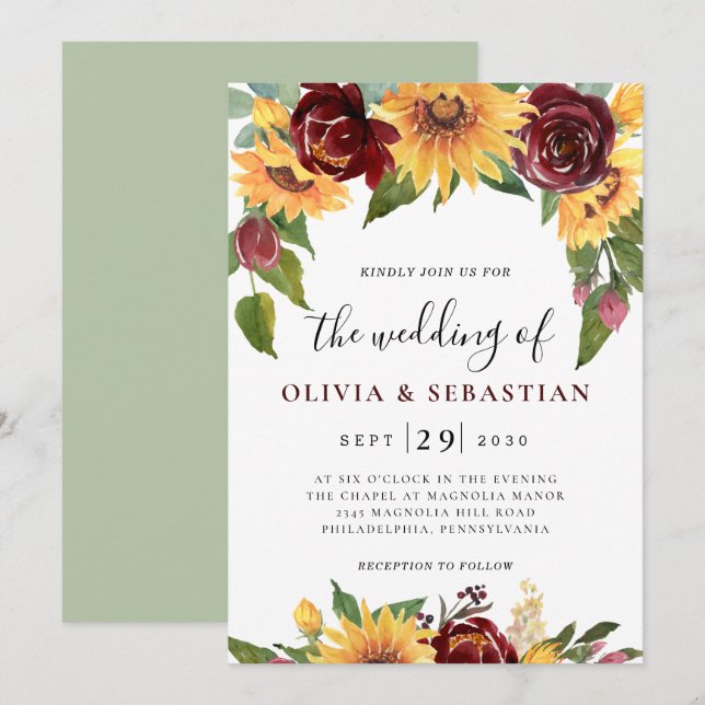 Sunflower and Roses Burgundy Red Greenery Wedding  Invitation (Front/Back)