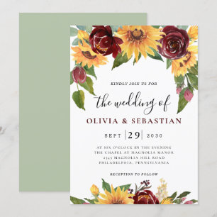 Sunflower and Roses Burgundy Red Greenery Wedding  Invitation