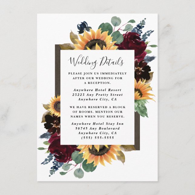 Sunflower and Roses Burgundy Red Navy Blue Wedding Enclosure Card (Front)