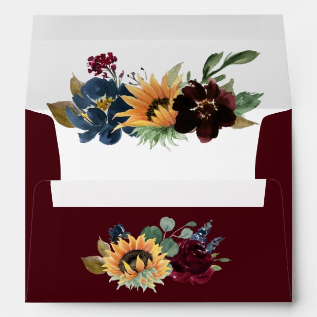 Sunflower and Roses Burgundy Red Navy Blue Wedding Envelope (Back (Bottom))