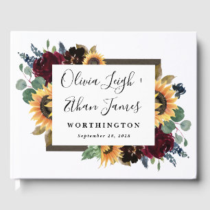 Sunflower and Roses Burgundy Red Navy Blue Wedding Guest Book