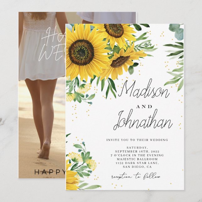 Sunflower and Roses Burgundy Red Navy Blue Wedding Invitation (Front/Back)