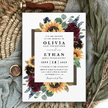 Sunflower and Roses Burgundy Red Navy Blue Wedding Invitation<br><div class="desc">Design features elegant watercolor roses, peonies, wildflowers and sunflowers in various shades of burgundy red, navy blue and more over a wreath of eucalyptus greenery. Design also features a barn wood frame underneath the wreath. A unique font layout compliments the overall design. You can change the background colour on the...</div>