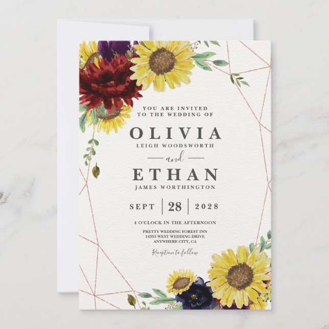 Sunflower and Roses Burgundy Red Navy Blue Wedding Invitation (Front)
