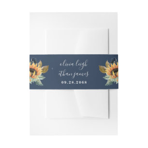 Sunflower and Roses Burgundy Red Navy Blue Wedding Invitation Belly Band