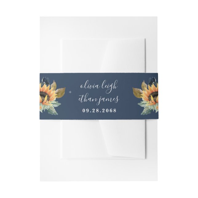 Sunflower and Roses Burgundy Red Navy Blue Wedding Invitation Belly Band (Front Example)