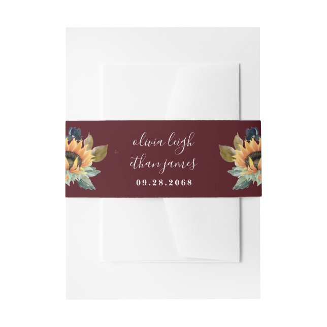 Sunflower and Roses Burgundy Red Navy Blue Wedding Invitation Belly Band (Front Example)